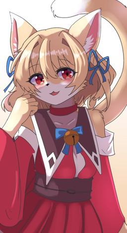 anthro asian_clothing bell blonde_hair breasts clothed clothing collar countershading east_asian_clothing female front_view fully_clothed fur hair japanese_clothing kimono looking_at_viewer obi open_mouth open_smile red_clothing red_eyes simple_background small_breasts smile solo standing tan_body tan_fur white_background kemo_yuki domestic_cat felid feline felis mammal hi_res portrait three-quarter_portrait