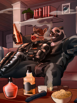 alcohol alcohol_bottle anthro ball_gag bdsm beard beverage beverage_bottle blowing_smoke bondage bottle bound bulge cigar clothing container dildo dominant duo facial_hair furniture gag gagged inside intimate leather leather_clothing liquor male male/male mature_male on_sofa red_ball_gag restraints sex_toy sitting sofa straitjacket submissive blktigerart bear giant_panda mammal procyonid raccoon 2024 3:4 hi_res