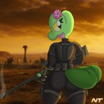 2_tails anthro armor assassin big_butt bubble_butt butt city city_background clothing desert eyelashes female green_body gun head_flower holding_gun holding_object holding_ranged_weapon holding_weapon looking_at_viewer looking_back multi_tail new_vegas outside pip-boy pokemorph pouches ranged_weapon rear_view rifle smoke smoking_gun sniper_rifle solo standing stealth_suit suit tail thick_thighs weapon wide_hipped_female wide_hips yellow_eyes ninjatreecko fallout microsoft nintendo pokemon fan_character fern_shinamori generation_3_pokemon pokemon_(species) reptile scalie treecko 1:1 hi_res