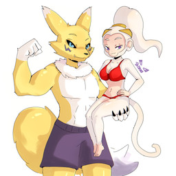 anthro bikini bottomwear breasts clothing duo female larger_male male male/female muscular muscular_male shorts size_difference smaller_female swimwear tail two-piece_swimsuit tadano bandai_namco bloons_tower_defense digimon ninja_kiwi adora_(bloons) animal_humanoid canid canid_humanoid canine canine_humanoid digimon_(species) fox_humanoid haplorhine humanoid mammal mammal_humanoid monkey primate renamon 1:1 absurd_res hi_res