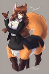 5_fingers big_breasts black_nose breasts clothed_female clothing collar eyebrows female fingers fluffy fluffy_tail fur furgonomics hair legwear looking_at_viewer multicolored_body multicolored_fur orange_body orange_fur quadruped red_eyes solo suit tail taur_clothing thigh_highs white_body white_fur wmdiscovery93 canid canid_taur canine canine_taur fox fox_taur mammal mammal_taur taur 2022 digital_media_(artwork) digital_painting_(artwork) hi_res shaded soft_shading