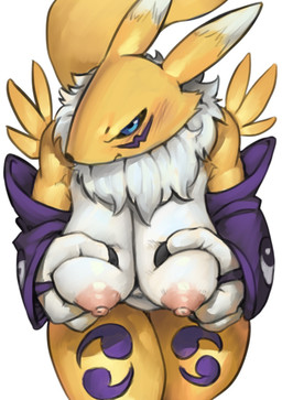 anthro arm_tuft armwear big_breasts black_sclera blue_eyes blush breast_squeeze breasts bridal_gauntlets chest_tuft claws clothing countershade_torso countershading dipstick_ears ear_markings female leaning leaning_forward looking_at_viewer markings multicolored_ears nipples presenting presenting_breasts shoulder_tuft solo squeezing thick_thighs tuft white_body yellow_body ptirs bandai_namco digimon canid digimon_(species) mammal renamon 2025 digital_drawing_(artwork) digital_media_(artwork) hi_res