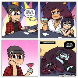 after_vore alcohol beverage biped blood blood_on_face blush blush_lines bodily_fluids bone breasts cleavage clothed clothing collar dialogue eyelashes eyewear facial_tuft female female/female feral glasses gore half-closed_eyes hat headgear headwear larger_female long_eyelashes narrowed_eyes pupils quadruped size_difference smaller_female smile speech_bubble tail tear_trough text tuft vore muyharim mythology fran_(muyharim) mads_(muyharim) canid canine human humanoid mammal mythological_canine mythological_creature vampire werecanid werecanine werecreature werewolf 1:1 comic english_text hi_res url