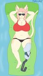 1_artificial_limb amputee anthro big_breasts bikini breasts clothing disability eyewear female fur hair lying missing_leg on_back pink_hair pool_float prosthetic prosthetic_leg prosthetic_limb running_blade single_amputee slightly_chubby solo sunglasses swimwear tan_body tan_fur two-piece_swimsuit water torgore capri_(doxxyl) domestic_cat felid feline felis mammal absurd_res hi_res