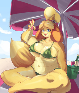 accessory anthro beach beach_towel beach_umbrella bell belly big_breasts bikini blep blonde_hair blue_eyes blush blush_stickers breasts cleavage clothed clothing day dipstick_tail eyelashes female gesture green_bikini green_clothing green_swimwear hair hair_accessory hair_bun hair_tie jingle_bell looking_at_viewer markings navel nipple_outline outside parasol pawpads pink_pawpads sitting sitting_on_ground sky slightly_chubby slightly_chubby_anthro slightly_chubby_female smile solo swimwear tail tail_markings thick_tail thick_thighs tongue tongue_out towel two-piece_swimsuit under_boob waving waving_at_viewer wide_hips kaarin_owo animal_crossing nintendo isabelle_(animal_crossing) canid canine canis domestic_dog mammal shih_tzu toy_dog 2026 absurd_res digital_drawing_(artwork) digital_media_(artwork) full-length_portrait hi_res portrait
