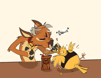 3_fingers alcohol ambiguous_gender antlers beak bell belly belly_inflation beverage brown_body brown_fur chest_tuft collar countershading drinking_straw duo fangs feathers fingers fur furniture horn humor inflation multicolored_body multicolored_fur onomatopoeia open_mouth simple_background size_difference sound_effects table teeth text tuft two_tone_body two_tone_fur yellow_body yellow_feathers kour ideal_(kour) tirrel_(tirrel) avian bird deer mammal 2019 english_text