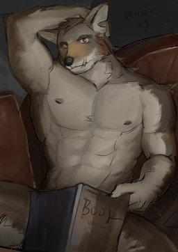 anthro book facial_scar male muscular muscular_anthro muscular_male nipples nude_anthro nude_male scar solo tansuooooo echo_(series) echo_project the_smoke_room william_adler canid canine canis coyote mammal 2024 hi_res signature