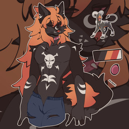 anthro bottomwear clothed clothing collar male markings moon_(marking) open_bottomwear open_clothing open_pants pants pokemorph skull_symbol solo spiked_collar spikes torn_clothing chevngmi i_lost_my_soul nintendo pokemon generation_2_pokemon houndoom pokemon_(species) 1:1 absurd_res hi_res model_sheet