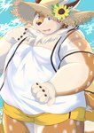 anthro beach belly blue_eyes bottomwear brown_body brown_fur clothing flower fur hat headgear headwear male markings moobs overweight overweight_male plant sea seaside shorts solo spots spotted_body spotted_fur straw_hat sunflower water nazebesu_hobby tamacolle kazusa deer mammal hi_res