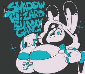 anthro areola areola_slip big_breasts blue_areola blue_eyes breasts cross eyelashes female gang_sign grey_background hood huge_breasts magic_user ring simple_background smile solo sparkles text srgreja hazel_(shakotanbunny) domestic_rabbit flemish_giant lagomorph leporid mammal oryctolagus rabbit blue_theme bust_portrait digital_media_(artwork) english_text hi_res portrait restricted_palette