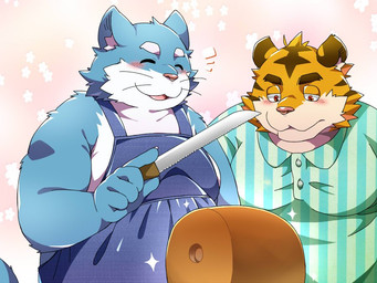 anthro apron blue_body blue_fur blush bread clothing duo eyes_closed food fur humanoid_hands kemono male overweight overweight_male pink_nose shirt topwear yellow_body yellow_fur nikiciy domestic_cat felid feline felis mammal pantherine tiger 2016 4:3