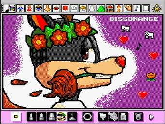 anthro black_body black_fur brown_eyes flower flower_crown fur grin grinning_at_viewer male plant purple_background red_nose rose_(flower) simple_background smile smiling_at_viewer solo rodricoro mario_paint nintendo fan_character canid canine canis domestic_dog mammal digital_media_(artwork) dithering headshot_portrait mario_paint_(artwork) portrait