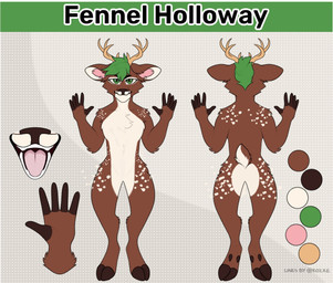 anthro brown_body brown_fur butt colored_finger featureless_crotch fluffy front_view fur green_eyes green_hair hair hands_up hooves looking_away male markings nude open_mouth paws sivnez smile smiling_at_viewer smirk smirking_at_viewer solo spots spotted_markings standing submissive submissive_male tail tail_tuft teeth teeth_showing text tuft white_markings fennel_holloway deer mammal hi_res model_sheet reference_image