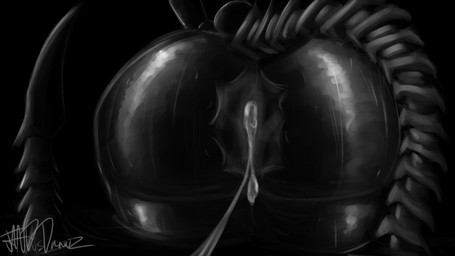 after_sex big_butt black_body bodily_fluids butt butt_focus cellulite cum cum_in_ass cum_in_vagina cum_inside cum_string cumshot ejaculation female genital_fluids glistening glistening_body huge_butt leaking_cum partially_submerged solo stinger sweat sweaty_butt tail thick_thighs wide_hips joebamna alien_(franchise) alien humanoid xenomorph 16:9 4k absurd_res hi_res monochrome widescreen
