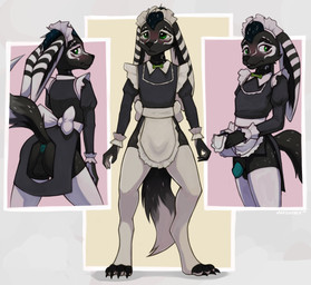 4_toes 5_fingers animal_genitalia anthro anus apron apron_lift backsack balls big_ears biped black_balls black_body black_claws black_clothing black_collar black_ears black_fur black_hair black_inner_ear black_nose black_sheath black_tail black_topwear blush butt butt_cutout claws clothed clothed_anthro clothed_male clothing clothing_lift collar collar_tag countershade_feet countershade_hands countershading crossdressing crossdressing_male cutout digitigrade dipstick_ears dipstick_tail ear_markings easy_access embarrassed exposed exposed_butt facial_markings feet femboy fingers front_view fur genitals grey_background hair head_markings headgear headwear humanoid_hands ineffective_clothing iris leg_markings legwear lipsticking long_tail looking_aside looking_away looking_back maid_headdress maid_uniform male male_anthro markings mouth_closed multicolored_body multicolored_ears multicolored_fur multiple_poses neck_markings no_underwear penis penis_tip pink_background pose presenting presenting_hindquarters presenting_penis pupils raised_tail sheath simple_background slim slim_anthro slim_male snout solo standing stockings striped_ears tail tail_markings teal_anus teal_penis text thigh_highs toe_claws toeless_legwear toeless_stockings toeless_thigh_highs toes topwear two_tone_body two_tone_fur uniform white_apron white_body white_clothing white_countershading white_ear_tips white_fur white_headwear white_legwear white_markings white_sclera white_stockings white_tail_tip white_text white_thigh_highs yellow_background marsminer rexium mammal species_request 2025 artist_name dated english_description full-length_portrait hi_res multiple_images portrait shaded