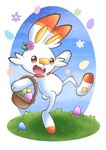 3_fingers 3_toes ambiguous_gender anthro basket buckteeth container easter_egg feet fingers flower fur happy holidays open_mouth orange_body orange_eyes orange_fur plant raised_leg soles solo teeth toes white_body white_fur doodle_drops easter nintendo pokemon generation_8_pokemon pokemon_(species) scorbunny 2024 english_description hi_res