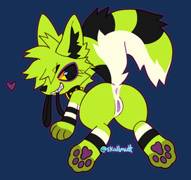 anthro anus bedroom_eyes collar female fur genitals green_body green_fur leash leash_in_mouth leash_in_own_mouth leashed_collar looking_back narrowed_eyes object_in_mouth pawpads presenting presenting_anus presenting_vulva raised_tail seductive solo tail vulva yellow_eyes skullmutt tanzuka canid canine fox mammal alpha_channel hi_res