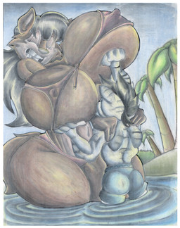 anthro belt big_breasts bikini bikini_bottom bikini_top black_hair bottomwear breast_grab breasts clothing duo eyes_closed female footwear fur hair hand_on_breast huge_breasts larger_female male navel nipple_outline palm_tree pants plant shirt shoes size_difference sky smaller_male striped_body striped_fur stripes swimming_trunks swimwear teeth thick_thighs topwear tree two-piece_swimsuit water virus-20 june_coyote torrent_(alleyway) canid canine canis coyote equid equine mammal zebra 2014 traditional_media_(artwork)