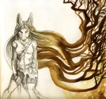 anthro female hair long_hair simple_background solo stick tail white_background alectorfencer myre canid canine fox mammal