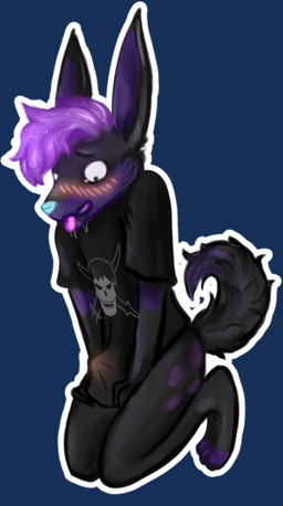 anthro big_ears black_body black_fur blep blue_eyes blue_nose blush bodily_fluids bottomless bottomless_anthro bottomless_male bulge clothed clothing clothing_pull cosmic_hair covering covering_crotch covering_erection covering_penis covering_self digitigrade dipstick_tail drooling embarrassed erection erection_under_clothing ethereal_hair femboy fur fur_markings kneeling looking_down male markings multicolored_body multicolored_fur outline purple_body purple_fur saliva shirt shirt_only shy simple_background skull_and_crossbones solo sticker tail tail_markings tenting tongue tongue_out topwear topwear_only transparent_background two_tone_body two_tone_fur unwanted_erection emailty kitsunaki canid canine fox mammal rexouium 2025 alpha_channel