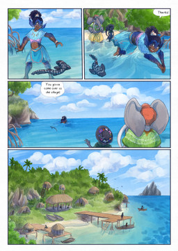 ambiguous_gender anthro beach biped black_body black_fur black_hair black_tail clothed clothing cloud dark_body dark_skin day dialogue dialogue_box ear_fins feral fin flower fur grey_body hair hat headgear headwear outside plant proboscis_(anatomy) sea speech_bubble split_form tail text trunk_(anatomy) village water bjekkergauken mythology imbali_(bjekkergauken) isilo_(bjekkergauken) aquatic elephant elephantid fish humanoid mammal merfolk proboscidean unknown_species 2026 colored comic english_text hi_res