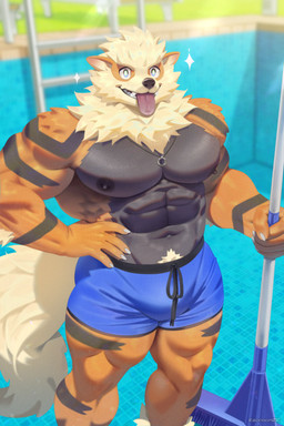 anthro barazoku big_muscles big_pecs black_body black_fur clothing fur hand_on_hip jewelry male muscular muscular_anthro muscular_male neck_tuft necklace orange_body orange_fur pecs shirtless_anthro shirtless_male solo swimming_pool swimming_trunks swimwear tongue tongue_out tuft raccoon21 nintendo pokemon arcanine canid canine generation_1_pokemon mammal pokemon_(species) hi_res