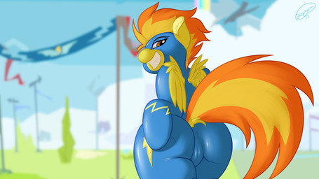 butt camel_toe equine female flight_suit friendship_is_magic fur grin hair horse looking_at_viewer looking_back my_little_pony orange_eyes outside pegasus pony presenting presenting_hindquarters skinsuit skipsy smile solo spitfire_(mlp) spread_butt spreading teeth tight_clothing two_tone_hair wings wonderbolts_(mlp) yellow_fur
Rating: Questionable
Score: 27
User: DragonRanger
Date: October 02, 2013