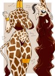 anthro big_breasts bikini bikini_bottom bikini_top blue_eyes bracelet breasts brown_hair clothing female fur hair horn inner_ear_fluff jewelry long_hair long_neck markings natural_breasts navel necklace piercing sagging_breasts solo spots spotted_body spotted_fur squish swimwear tail tail_tuft tall text thick_thighs thigh_squish tongue tongue_out tongue_piercing tuft two-piece_swimsuit upside_down almankanine giraffe giraffid mammal