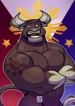 anthro biceps filipino flag horn looking_at_viewer male muscular muscular_anthro muscular_male pecs philippine_flag smile solo tattoo text tehbluebubble bovid bovine cattle mammal 2019 english_text hi_res