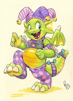 ambiguous_gender anthro blue_eyes claws clothing collar fangs fool's_hat glistening glistening_eyes green_body hat headgear headwear jester legwear logo looking_aside membrane_(anatomy) membranous_wings open_mouth open_smile pink_clothing pink_hat pink_headwear pink_legwear purple_clothing purple_collar purple_hat purple_headwear purple_legwear red_tongue simple_background smile solo spiked_tail spikes spikes_(anatomy) tail teeth tongue white_claws wing_claws wings yellow_body yellow_wings young pandapaco mythology brokenwing dragon mythological_creature mythological_scalie scalie artist_logo signature