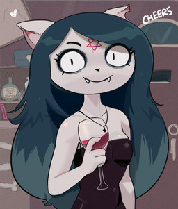 alcohol alternative_fashion anthro beverage blue_hair clothing container cross cross_necklace cup dress drinking_glass eyeliner fangs female fur glass glass_container glass_cup goth hair heart_symbol inverted_cross inverted_pentagram jewelry makeup necklace occult_symbol pentagram solo symbol teeth white_body white_fur wine wine_glass newtype_hero cartoon_hangover the_summoning claire_(the_summoning) domestic_cat felid feline felis mammal 2022 absurd_res hi_res