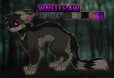 ambiguous_gender belly_nipples countershading feral fur grey_body grey_fur hair hair_over_eye leg_scar markings multi_nipple nipples palette pupils purple_eyes purple_pupils purple_sclera scar scarred_body striped_body striped_fur striped_markings striped_tail stripes tail tail_markings thigh_scar wastepaw warriors_(book_series) fan_character wastepaw_(wastepaw) domestic_cat felid feline felis mammal 2025 full-length_portrait hi_res model_sheet portrait