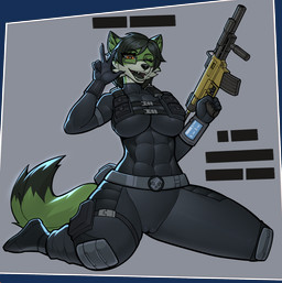 anthro big_breasts black_body black_bodysuit black_clothing black_fur black_latex black_skinsuit bodysuit breasts camel_toe clothed clothed_anthro clothed_female clothing crossgender female fluffy fluffy_tail fur genital_outline green_body green_fur gun holding_gun holding_object holding_ranged_weapon holding_rifle holding_weapon kneeling latex latex_bodysuit latex_clothing latex_skinsuit mtf_crossgender multicolored_body multicolored_fur orange_eyes ranged_weapon rifle skinsuit solo stealth_suit tail thick_thighs tight_clothing trigger_discipline two_tone_body two_tone_fur vulva_outline weapon dziero helldivers kudo_redfox_(character) canid canine canis fox hybrid mammal wolf 2026 hi_res