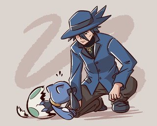 ambiguous_anthro ambiguous_gender anthro birth black_body black_clothing black_footwear black_fur black_nose black_shirt black_shoes black_topwear blue_body blue_clothing blue_fur blue_hair blue_hat blue_headwear blue_jacket blue_topwear bottomwear brown_bottomwear brown_clothing brown_pants clothed clothing crouching duo egg feral fingers footwear frown fur hair hat hatching_from_egg headgear headwear jacket jewelry larger_male looking_down looking_up male male_human necklace one_eye_obstructed pants pokemon_egg rear_view shirt shoes simple_background size_difference topwear young young_feral advos nintendo pokemon riley's_lucario riley_(pokemon) generation_4_pokemon human mammal pokemon_(species) riolu 5:4 digital_media_(artwork) male_(lore)