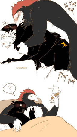 abdominal_bulge after_sex after_sex_smoking anal anal_penetration anthro anthro_on_anthro anthro_penetrated anthro_penetrating anthro_penetrating_anthro bed before_and_after bent_over_surface black_body black_feathers blush bodily_fluids cigar claws cum cum_drip cum_while_penetrated dripping duo empty_eyes feathers finger_claws furniture genital_fluids grey_body grey_feathers hand_on_chest holding_head hug hugging_another impact_lines male male/male male_penetrated male_penetrating male_penetrating_male moan mostly_offscreen_male muscular muscular_anthro muscular_male narrowed_eyes onomatopoeia penetration penile penile_penetration penis_in_ass plap question_mark sex shaking side_view smoking sound_effects sweat text tremble_lines trembling under_covers white_eyes lovebuffpg45 toriko_(series) avian nitro_(toriko) english_text hi_res