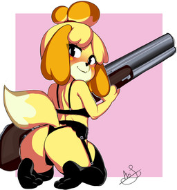 anthro black_bra black_clothing black_panties black_underwear bra butt clothed clothing female garter_straps gun holding_gun holding_object holding_ranged_weapon holding_weapon kneeling legwear looking_at_viewer looking_back looking_back_at_viewer panties pose presenting presenting_hindquarters ranged_weapon rear_view shotgun solo stockings underwear underwear_only weapon arilopez550 animal_crossing nintendo isabelle_(animal_crossing) canid canine canis domestic_dog mammal shih_tzu toy_dog 2020 absurd_res full-length_portrait hi_res pinup portrait