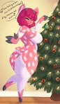 anthro big_breasts big_butt breasts butt christmas_decorations christmas_ornament christmas_tree eyes_closed female fingers fur hair holidays hooved_fingers hooves horn inside markings nipples nude one_leg_up open_mouth open_smile pink_body pink_fur pink_hair plant raised_hoof raised_leg smile solo spots spotted_body spotted_fur text thick_thighs tree wide_hips dullyarts christmas denise_(dullyarts) deer mammal english_text hi_res