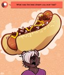 anthro brown_body brown_fur cheek_tuft chili_dog clothed clothing dream ear_piercing ear_ring eyes_closed facial_piercing facial_tuft food fur hair hair_over_eye hot_dog male nose_piercing nose_ring open_mouth piercing question ring_piercing shirt solo text thought_bubble tongue topwear tuft white_hair conditional_dnp cupsofjade patreon hammock_(cupsofjade) mammal mephitid skunk english_text