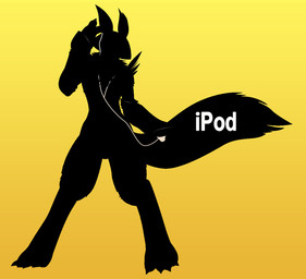 advertisement ambiguous_gender anthro biped caption digitigrade electronics fake_advertisement gradient_background outline parody portable_music_player pose silhouette silhouetted_body simple_background solo standing tail y2k_(graphic_design) yellow_background manganiac apple_inc. bandai_namco digimon ipod canid canine digimon_(species) mammal renamon colored restricted_palette