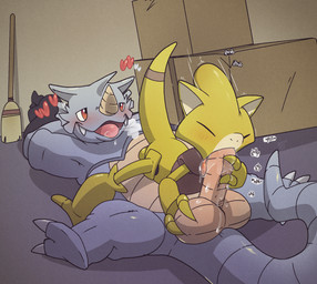 ball_squeeze balls blush bodily_fluids box breath broom cleaning_tool container duo erection fellatio genitals handjob head_bump heart_symbol horn interspecies licking long_penis male male/male oral penile penis penis_lick saliva sex tongue tongue_out argon_vile monster_mind nintendo pokemon abra generation_1_pokemon pokemon_(species) rhydon hi_res