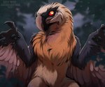 ambiguous_gender anthro black_pawpads blurred_background brown_wings cheek_tuft chest_tuft facial_tuft feathered_wings feathers front_view glistening glistening_eyes grey_body mouth_closed neck_tuft orange_body outside pawpads plant red_sclera solo tree tuft wings yellow_eyes santanahoffman accipitrid accipitriform avian bearded_vulture bird old_world_vulture vulture 2024 6:5 artist_name dated