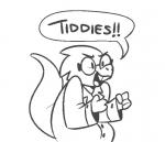 >:d anthro buckteeth clothed clothing coat dialogue excited eyewear female fist glasses lab_coat open_mouth solo speech_bubble tail teeth text thick_tail topwear yelling pixylbyte undertale undertale_(series) alphys lizard reptile scalie black_and_white line_art monochrome