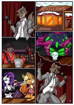 abs alcohol anthro armor beer beer_bottle beer_mug beverage blonde_hair blue_eyes bone bottle bra breasts bucket buttoned_clothing cigarette cigarette_in_mouth clothing container covering covering_eyes covering_face cowboy_hat cup curtains dark_body dark_skin door drinking_glass electronics eye_patch eyebrows eyelashes eyewear female fluffy fluffy_tail freckled_face freckles fur gesture glass glass_container glass_cup green_eyes grenade_belt grey_body grey_fur grillby's group hair hand_gesture hat headgear headwear helmet horn ice ice_bucket long_ears long_hair male metal_skin microphone muscular muscular_anthro muscular_female navel object_in_mouth pointing potion purple_body purple_hair purple_skin raised_eyebrow sharp_teeth shirt skull smile snow soldier_helmet sticky_bomb tail teeth thick_eyebrows tied_shirt topwear underwear window wine_glass yellow_eyes toki_cat dreamworks friendship_is_magic hasbro my_little_pony mythology takara_tomy team_fortress_2 the_bad_guys transformers undertale_(series) valve applejack_(mlp) demoman_(team_fortress_2) mr._wolf_(the_bad_guys) rarity_(mlp) soldier_(team_fortress_2) tarantulas canid canine canis cybertronian earth_pony equid equine horse human humanoid mammal mythological_creature mythological_equine pony predacon unicorn wolf absurd_res comic crossover hi_res story story_in_description