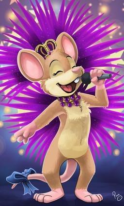 anthro brown_body brown_fur electronics eyelashes eyes_closed featureless_crotch female female_anthro fur gloves_(marking) holding_microphone holding_object leg_markings logo markings microphone nude open_mouth open_smile pink_inner_ear pink_nose red_tongue singing smile socks_(marking) solo standing tongue yellow_body yellow_fur pandapaco mammal mouse murid murine rodent absurd_res artist_logo full-length_portrait hi_res portrait signature