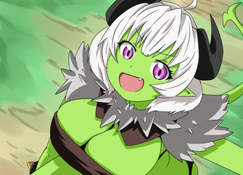ahoge bandeau big_breasts breasts cleavage clothed clothing curved_horn cute_fangs detailed_background fangs female glistening glistening_eyes green_body green_skin hair high-angle_view horn humanoid_pointy_ears open_mouth pointy_ears pupils purple_eyes slit_pupils solo tail teeth topwear white_hair orcaverde horned_humanoid humanoid orc tailed_humanoid 2022 hi_res