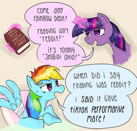 band-aid bandage book duo female feral horn simple_background speech_bubble text wings lucumiau friendship_is_magic hasbro my_little_pony mythology rainbow_dash_(mlp) twilight_sparkle_(mlp) equid equine mammal mythological_creature mythological_equine pegasus unicorn english_text hi_res