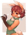 4_fingers anthro blush bottomless breasts brown_body brown_eyes brown_fur brown_hair brown_nose chest_tuft claws clothed clothing cute_fangs fangs female female_anthro finger_claws fingers fluffy fur gloves_(marking) hair kemono looking_at_viewer markings multicolored_body multicolored_fur open_mouth short_hair solo sweater sweater_vest tan_body tan_fur teeth tongue topwear tuft vest white_body white_fur yellowparrottw yellowparrottw's_wolf canid canine mammal maned_wolf 2022 digital_media_(artwork) half-length_portrait hi_res portrait