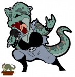 alternative_fashion anthro big_breasts bone breasts chibi claws cleavage clothed clothing female huge_breasts metalhead non-mammal_breasts sharp_teeth skull solo teeth tongue lordstevie dylian_hailford dilophosaurid dilophosaurus dinosaur prehistoric_species reptile scalie theropod 2017