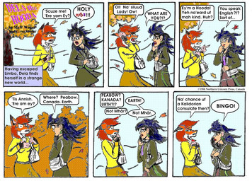 angry anthro black_hair bottomwear breasts clothed clothed_female clothing dialogue dipstick_ears duo ear_markings ear_piercing eyewear female fur glasses hair multicolored_ears orange_body orange_fur orange_hair outside piercing plant purse scared skirt text tree wind style_wager dela_the_hooda dela_aldershaw sue_chan_(dela_the_hooda) canid canine fox hooda mammal 1998 comic english_text