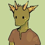 2019 anthro argonian astraldemise black_eyes brown_clothing brown_shirt brown_topwear clothing dot_eyes front_view green_background green_body green_scales horn male microsoft multi_horn scales scalie shirt simple_background solo the_elder_scrolls topwear yellow_horn